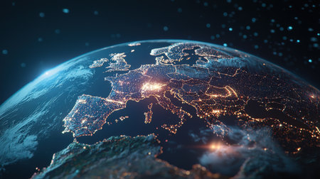 Bright, glowing network lights illuminating global connectivity on a 3D globe, perfect for brandingの素材