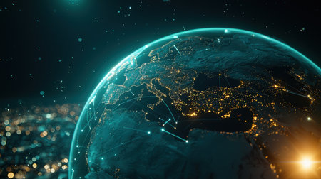 Bright digital globe with radiant connections, perfect for tech and communicationsの素材