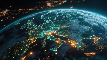 Blue and green network lights illuminating the world, ideal for international reachの素材