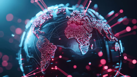 Global network connections with bright paths and nodes crossing a digital earth, ideal for tech brandingの素材