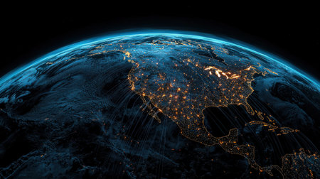 Interconnected global network forming a grid of light over continents, high-resolution tech imageの素材