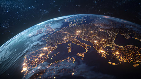 Bright, glowing network lights illuminating global connectivity on a 3D globe, perfect for brandingの素材