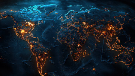 Interconnected global network forming a grid of light over continents, high-resolution tech imageの素材