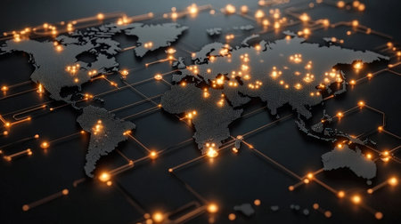 Connected nodes on a dark, glowing world map, perfect for tech-focused brandingの素材