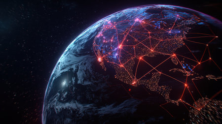 Brightly glowing network connecting major cities on a dark globe, ideal for international brandingの素材