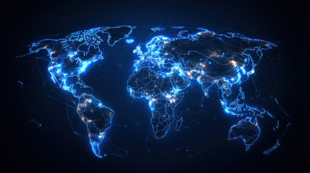 Blue light network lines on a 3D world map, perfect for global tech conceptsの素材
