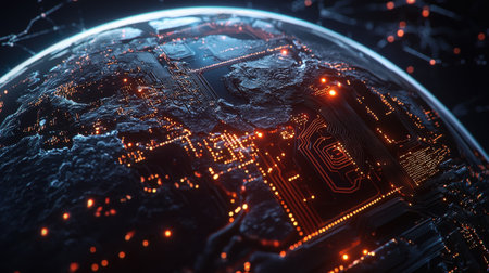 Connected nodes on a glowing earth, ideal for global business or tech brandingの素材
