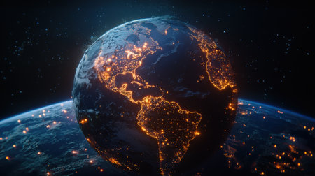 Connected nodes on a glowing earth, ideal for global business or tech brandingの素材