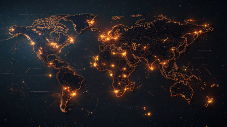 Digital world map with illuminated points and paths, perfect for tech brandingの素材