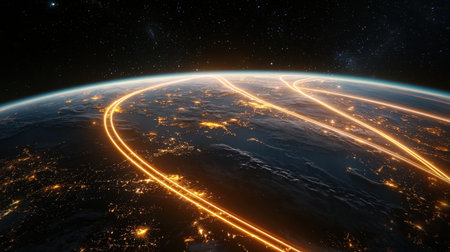 light trails spanning a 3D earth, high-res for brandingの素材