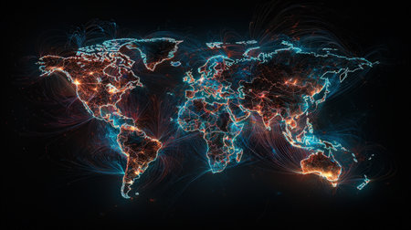 Digital map connected by vibrant light trails, perfect for showcasing global reachの素材
