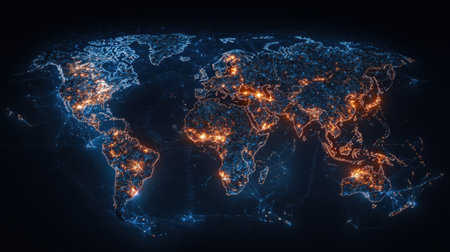 Digital map lit by global network connections, high-quality image for branding useの素材