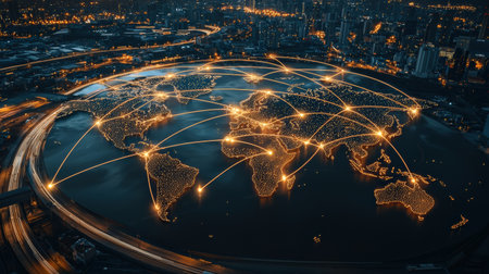 Network lights connecting a digital world map, ideal for showcasing tech and global reachの素材