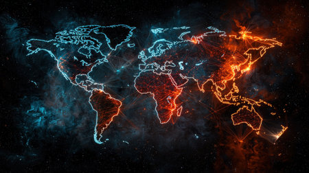 Networked world map with bright trails across continents, high-res for tech brandingの素材