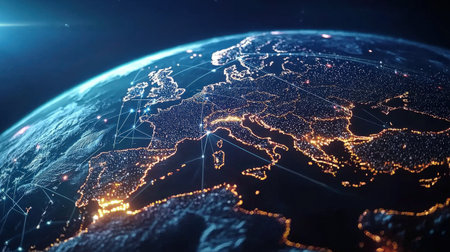 City lights and digital paths connecting across the world, perfect for international brandingの素材