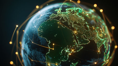 Bright network paths and nodes on a 3D digital earth, high-resolution for global brandingの素材