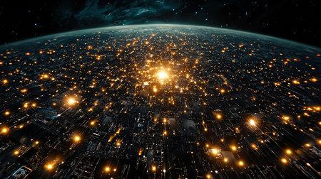 Global grid with glowing network lights, ideal for tech-focused marketing imagesの素材