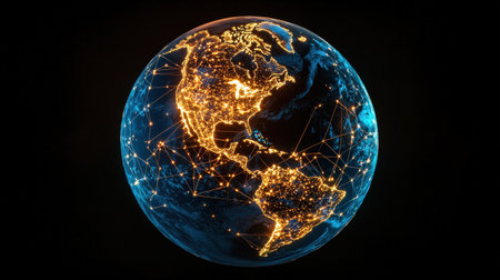 Interconnected lights on a 3D globe, perfect for showcasing international connectionsの素材