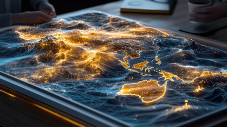Digital paths across a glowing world map, perfect for global reach conceptsの素材
