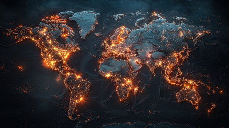 World map showing glowing points of connection, perfect for international business brandingの素材