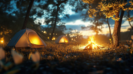 Family camping in a national park with tents and campfire.の素材