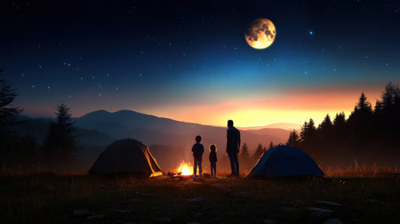 Family camping in a national park with tents and campfire.の素材