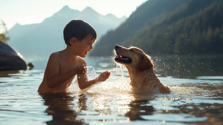 boy and dog splashing water at each other in a playful fight. By the lake with high mountains survival training, Learn to swim, baby care conceptの素材