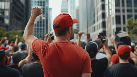 Labor union members giving speeches at a rally on Labor Dayの素材