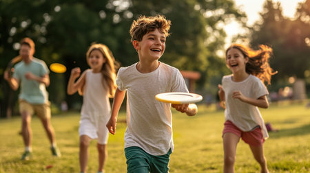 Families playing frisbee in a sunny park on Labor Day.の素材