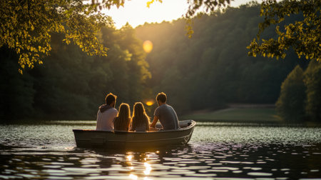 People relaxing on a boat in a lake during Labor Day weekendの素材