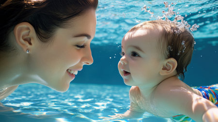 Happy mother and baby swim underwater in swimming pool. Healthy family lifestyle.の素材