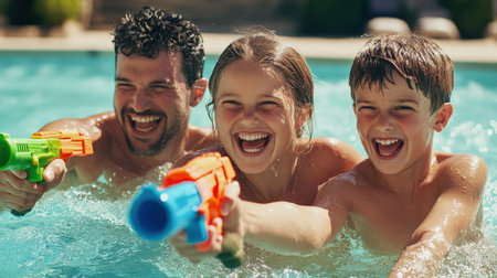 Parents and kids having fun with water guns in the pool. survival training, Learn to swim, baby care conceptの素材