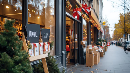 Labor Day sale signs in storefront windows with festive decorations.の素材