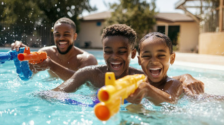 Parents and kids having fun with water guns in the pool. survival training, Learn to swim, baby care conceptの素材