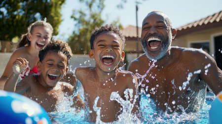 Family splashing in the pool with big smiles and laughter.の素材