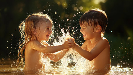 Siblings splashing water at each other in a playful fight.の素材