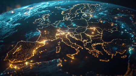 Luminous network lights linking continents on a world map, high-end image for tech brandingの素材