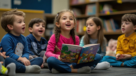 A group of children sitting on a carpet, listening to a storyteller reading from a colorful bookの素材