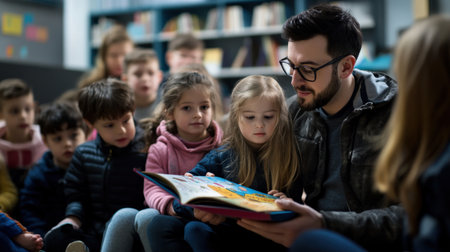 A teacher reading a book with large to a classroom full of curious childrenの素材