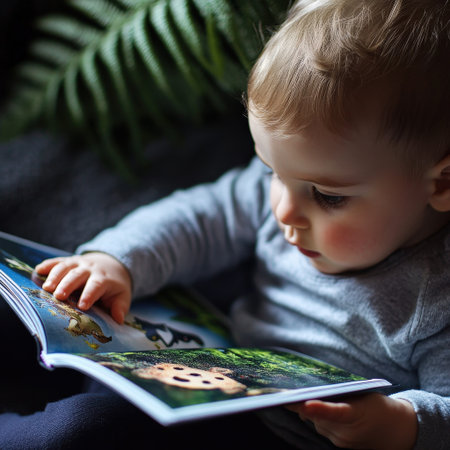 A child flipping through a picture book, fascinated by the story being readの素材