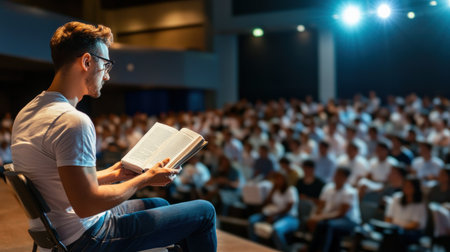 A person sitting on a stage, holding a book and telling a story to a quiet audienceの素材