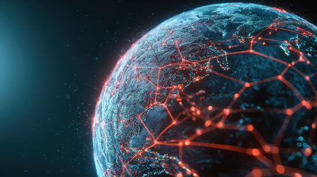 Digital globe with bright glowing network paths, ideal for tech brandingの素材