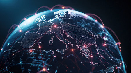 Bright light trails and network connections across a 3D globe, perfect for global brandingの素材