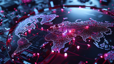 Abstract network of lights over a world map, perfect for international and tech brandingの素材