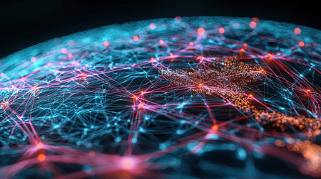 Vibrant, glowing global network representing international connectivity on a digital map, perfect for brandingの素材