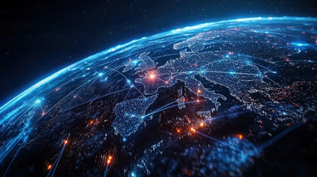 Abstract global network with pulsing light trails, perfect for tech branding in high resolutionの素材