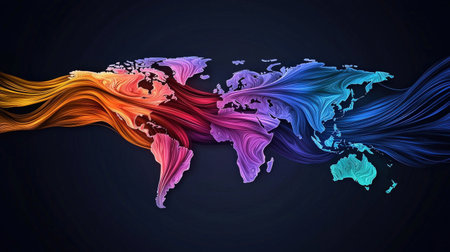 Bright, vibrant global network trails highlighting a world map, high-quality for branding useの素材