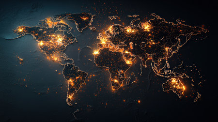 World map showing glowing points of connection, perfect for international business brandingの素材