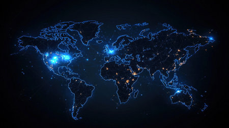 Connected glowing lines across the world map, representing global networking, ideal for brandingの素材