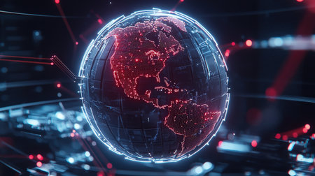 Illuminated globe surrounded by digital network lights, perfect for global tech brandingの素材